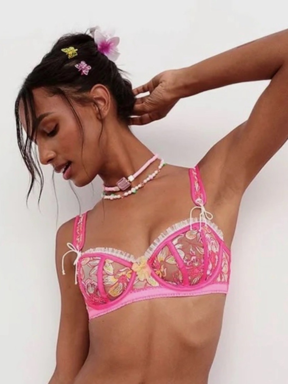 For Love & Lemons Pink Floral Embroidered Underwire Balconette Bra NWT